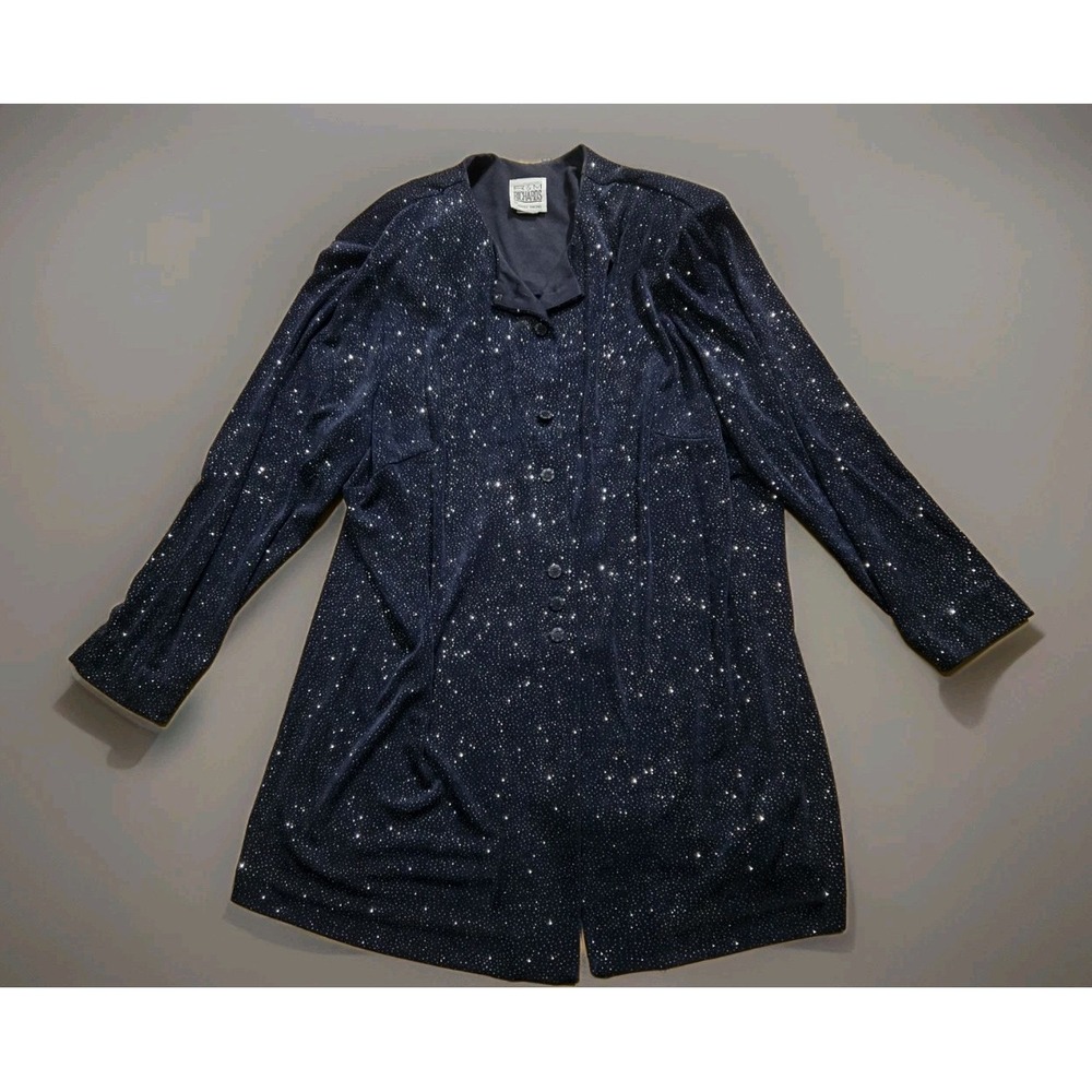 R&M Richards by Karen Wong Sz 14 Navy‎ Blue V-Neck Sparkly L/S Button Up Top